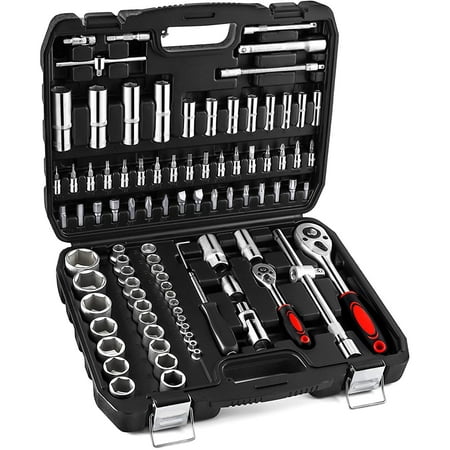 

94 Piece Tools For Mechanics Metric And Standard 1/4 1/2 Socket Set And Ratchet Set Universal Joint Extension Bars And Quick Release Reversible Ratchet Wrench Plastic Toolbox Storage.