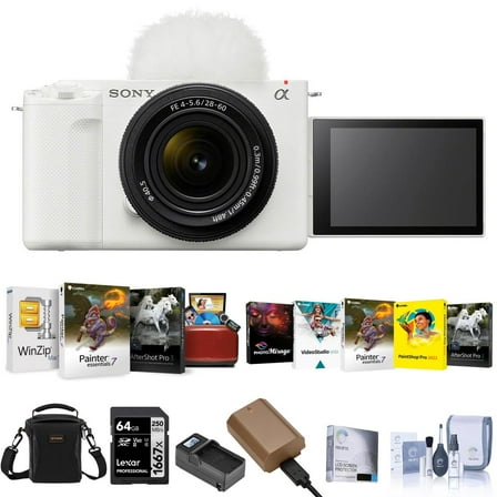 ZV-E1 Mirrorless Camera, White with FE 28-60mm f/4-5.6 Lens, Bundle with NP-FZ100 Battery, 64GB Memory Card, Smart Charger & Software Kit