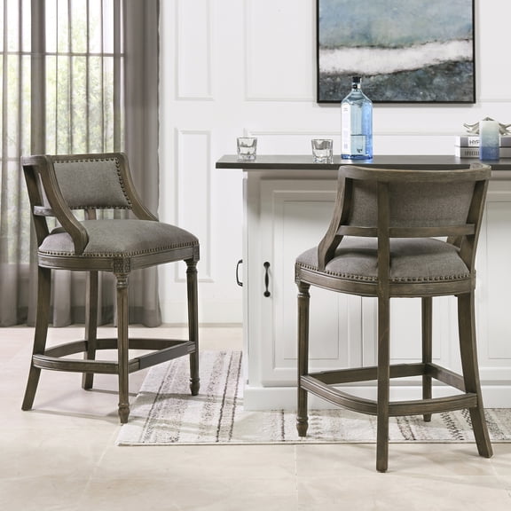 Paris 26.5" Farmhouse Counter Height Bar Stool with Backrest, Heathered Grey Linen