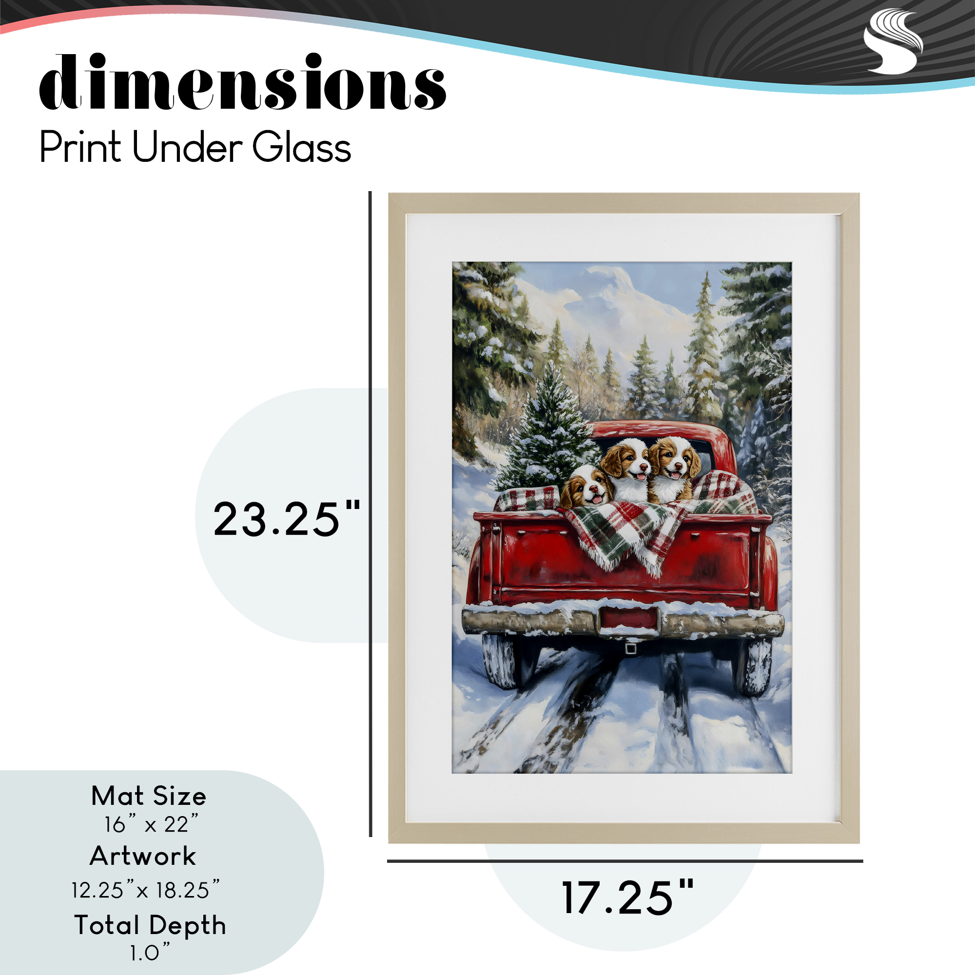 Christmas Truck Pups Trio Birch Framed Print Under Glass, design by Petal Prints Design