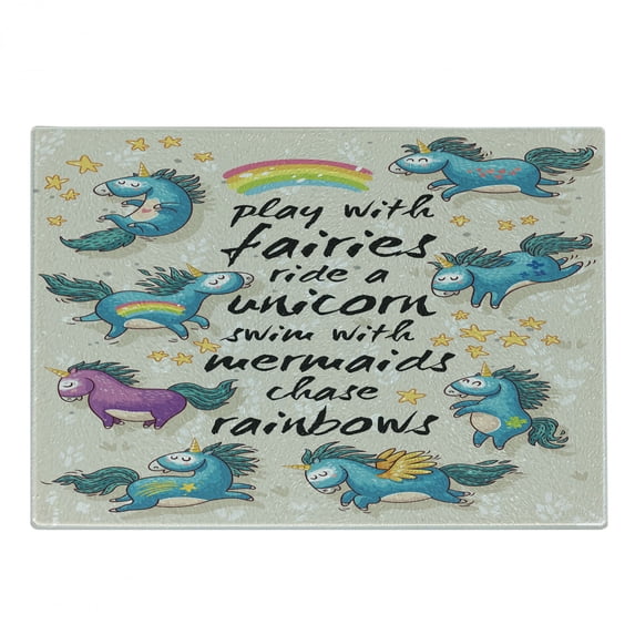 Cartoon Cutting Board, Mythical Unicorns Stars and Rainbow Creature Theme Print, Decorative Tempered Glass Cutting and Serving Board, Small Size, Beige Teal Blue, by Ambesonne