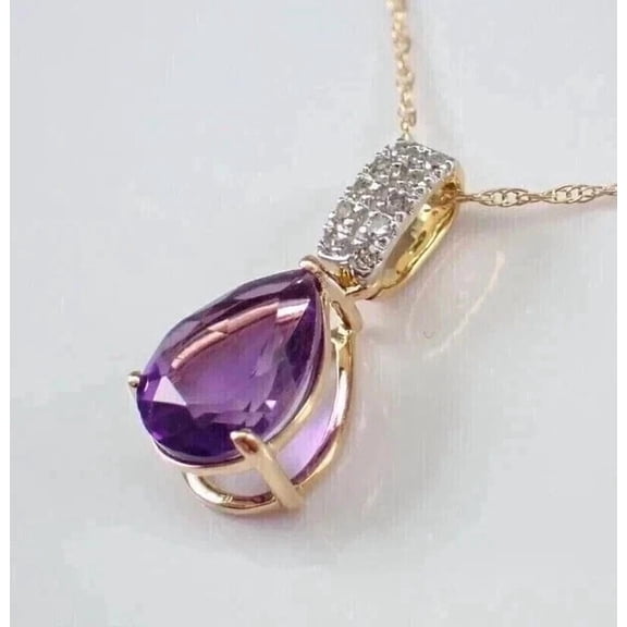 2Ct Pear Cut Lab Created Diamond Amethyst Women's Pretty Pendant 14K Two Tone Gold Plated Silver 18' Inch