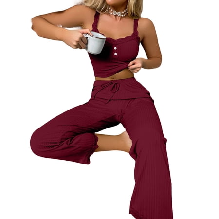 Osfvolr Womens Loungewear Sleepwear Sleeveless Top and Long Pants Two Piece Pajama Set Casual Wear Wine Red XL