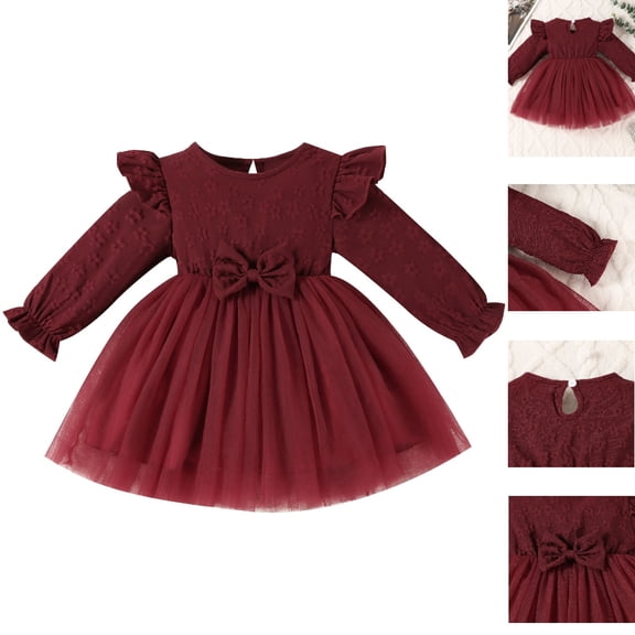 HJYCHN Girls' Dresses Long Sleeve Floral Jacquard Dress with Bow Accent and Tulle Skirt for Toddler Dress 3-6 Months