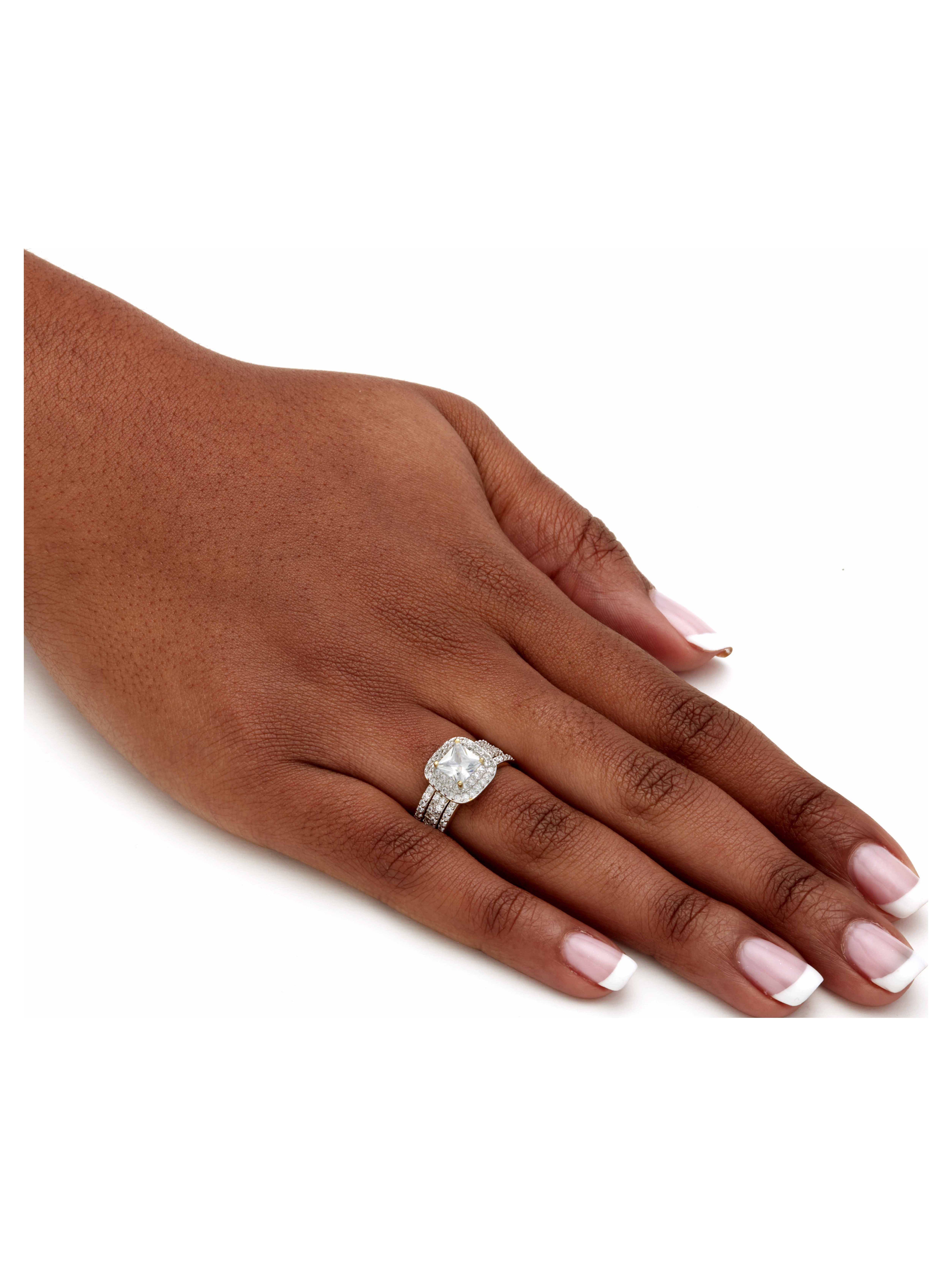 PalmBeach Jewelry 2.37 TCW Cut Cubic Zirconia Gold-Plated or Platnium-Plated or Sterling Silver 3-Piece Double Halo Bridal Ring Set