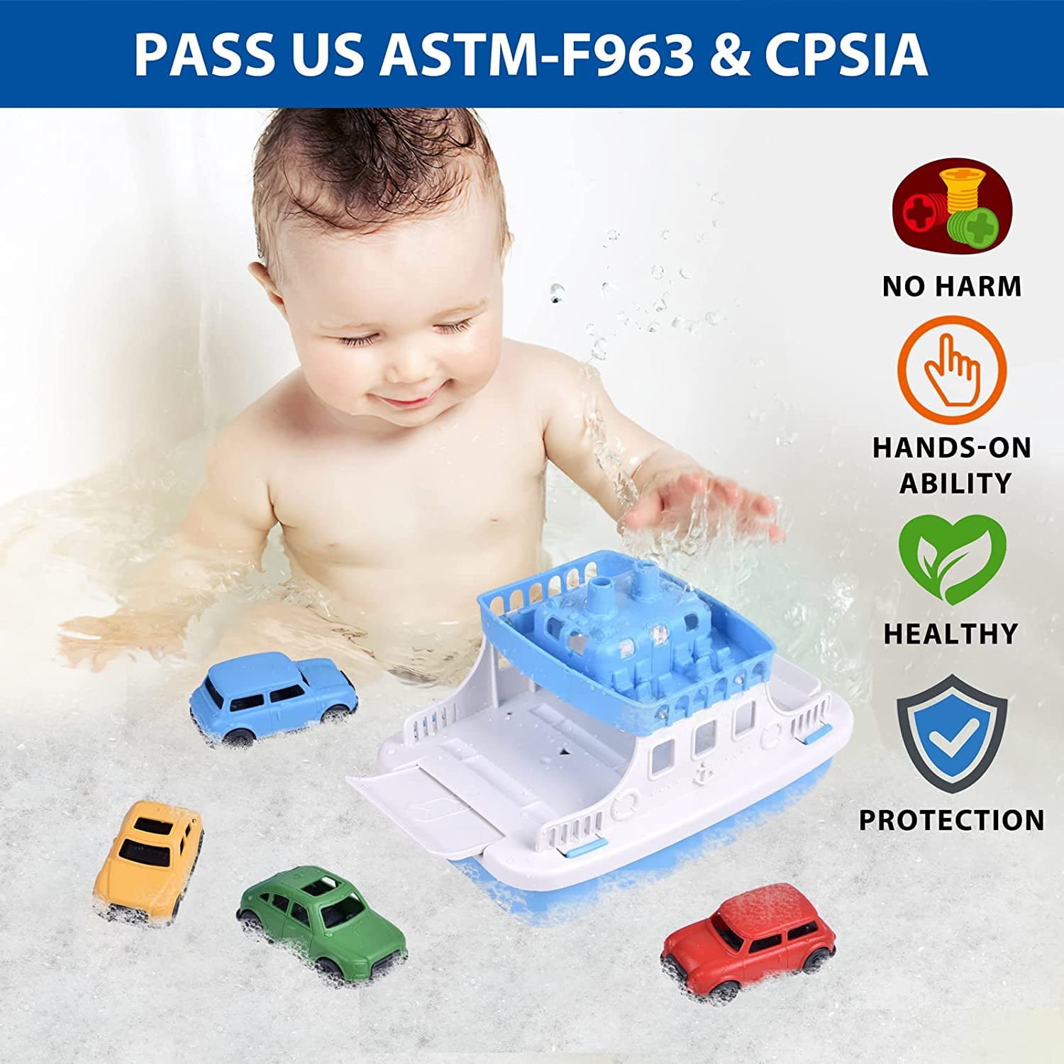 9 Pcs Toy Boat Bath Toys for Toddlers with 4 Mini Car Toys and 4 Bath Boat Squirters,Pool Beach Toys Floating Ferry Boat,Birthday Gift for Boys Girls 1-4