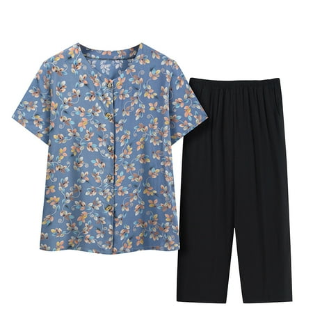 

Xihbxyly Linen Sets for Women 2 Piece Button Down Pajamas for Women Plus Size Summer Outfits Printed Loungewear Short Sleeve Button Down Two Piece Shirt Cropped Pants Blue XXXL