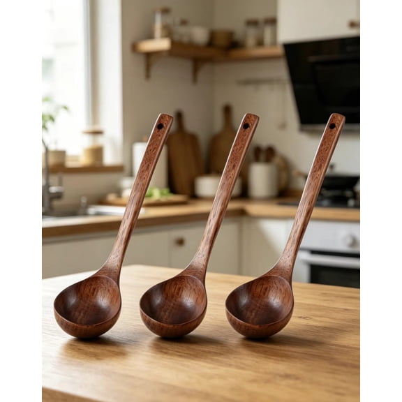 Vruelia 3X Kitchen Cooking Straight Handle Wooden Wood Soup Scoop Spoon Ladle Brown 11 inch Long