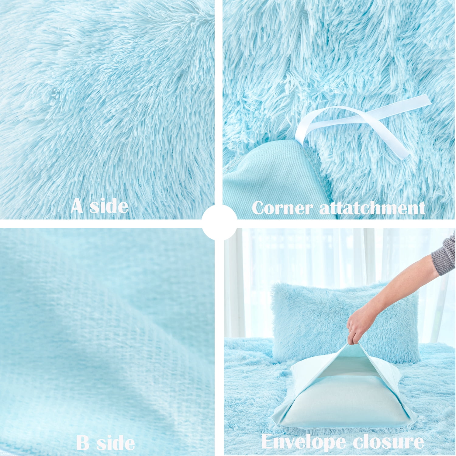 URBONUR 3 Pieces Blue Girls Comforter Sets Twin Faux Fur Plush Bedding Sets Fluffy Bedding Comforter Sets for Kids Teens(1 Shaggy Comforter + 2 Faux Fur Pillowcases)