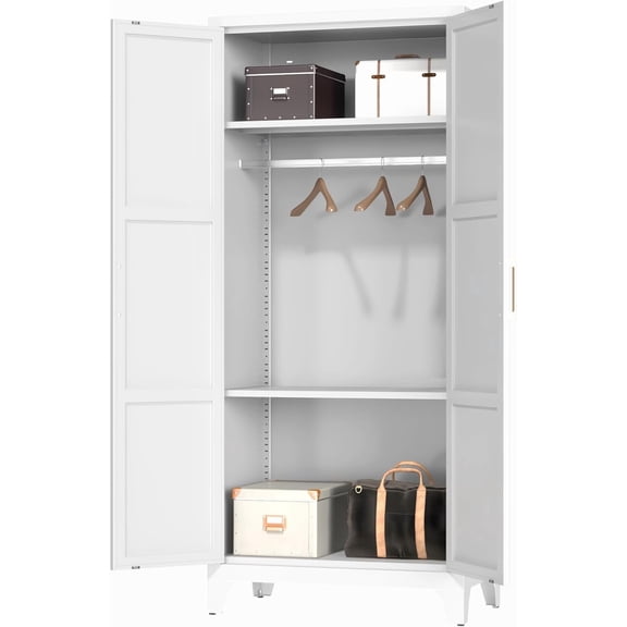 71" Metal Wardrobe Cabinet with Hanging Rod, Wardrobe Closet with 2 Doors and Adjustable Shelves, White Armoire Closet for Bedroom, Laundry Room Assembly Required