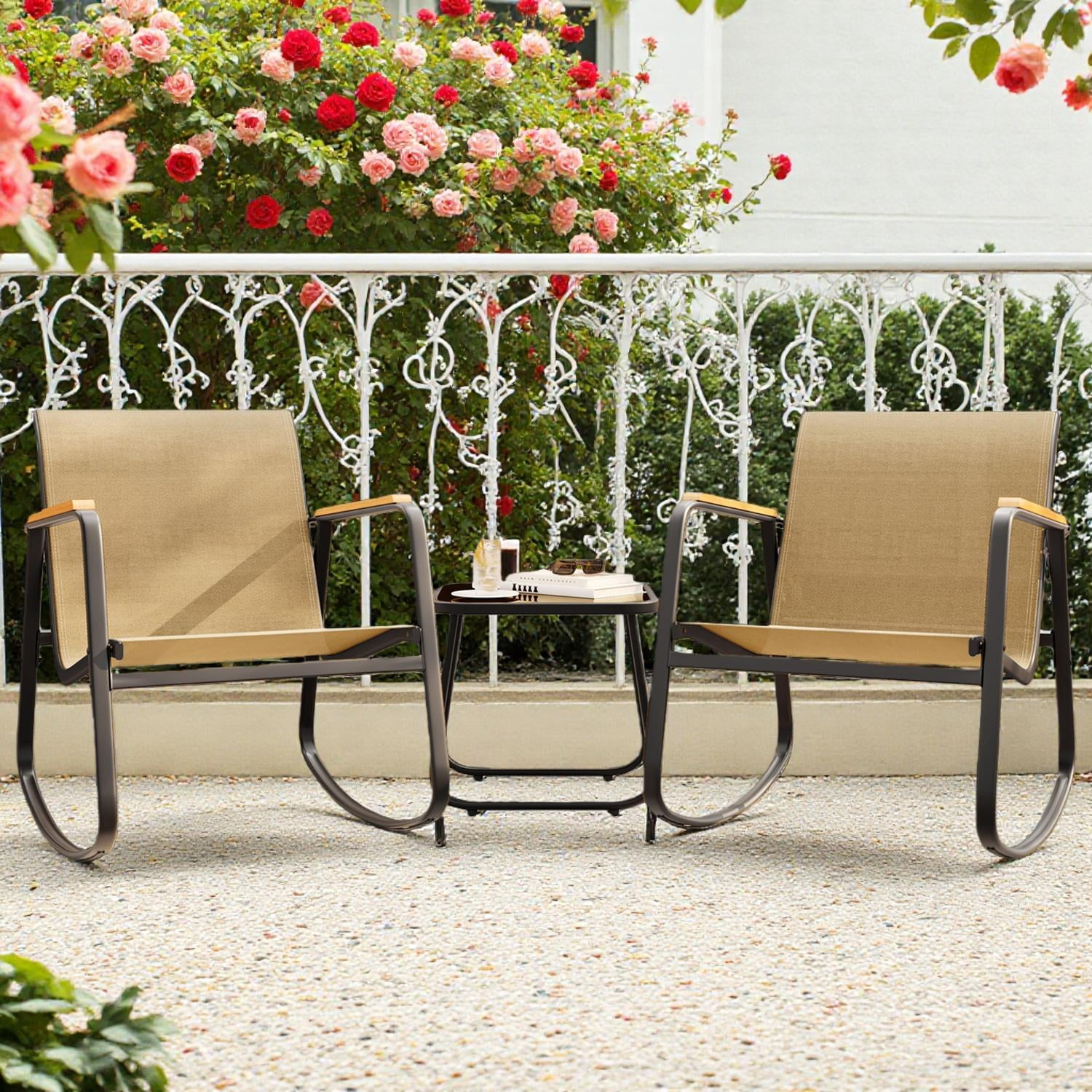 Lofka 3-Piece Patio Furniture Set, Outdoor Rocking Chair Set with Side Table for Garden|Balcony|Backyard,Beige