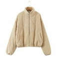 thumbnail image 2 of Usmixi 2025 Bomber Jacket for Women Womens Cotton Down Jacket Long Sleeve Casual Solid Warm Thickened Coat Open Front Zip Stand Neck Pocket Corduroy Outerwear Winter Bomber Jacket, 2 of 3
