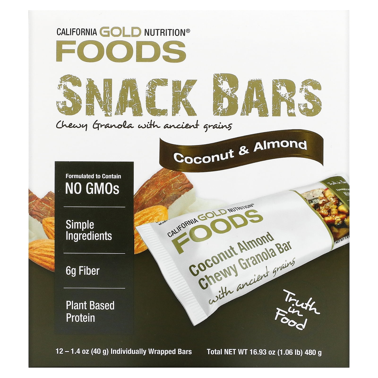 FOODS, Coconut Almond Chewy Granola Bars, 12 Bars, 1.4 oz (40 g) Each, California Gold Nutrition