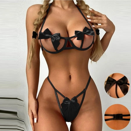Black Bra & Brief Sets Women Plus Size Bow Decor Cut Out Underwire Lingerie Set Two Piece Underwear Bowknot Lace Lingerie Underwear Sleepwear Steel Ring Pajamas Garter