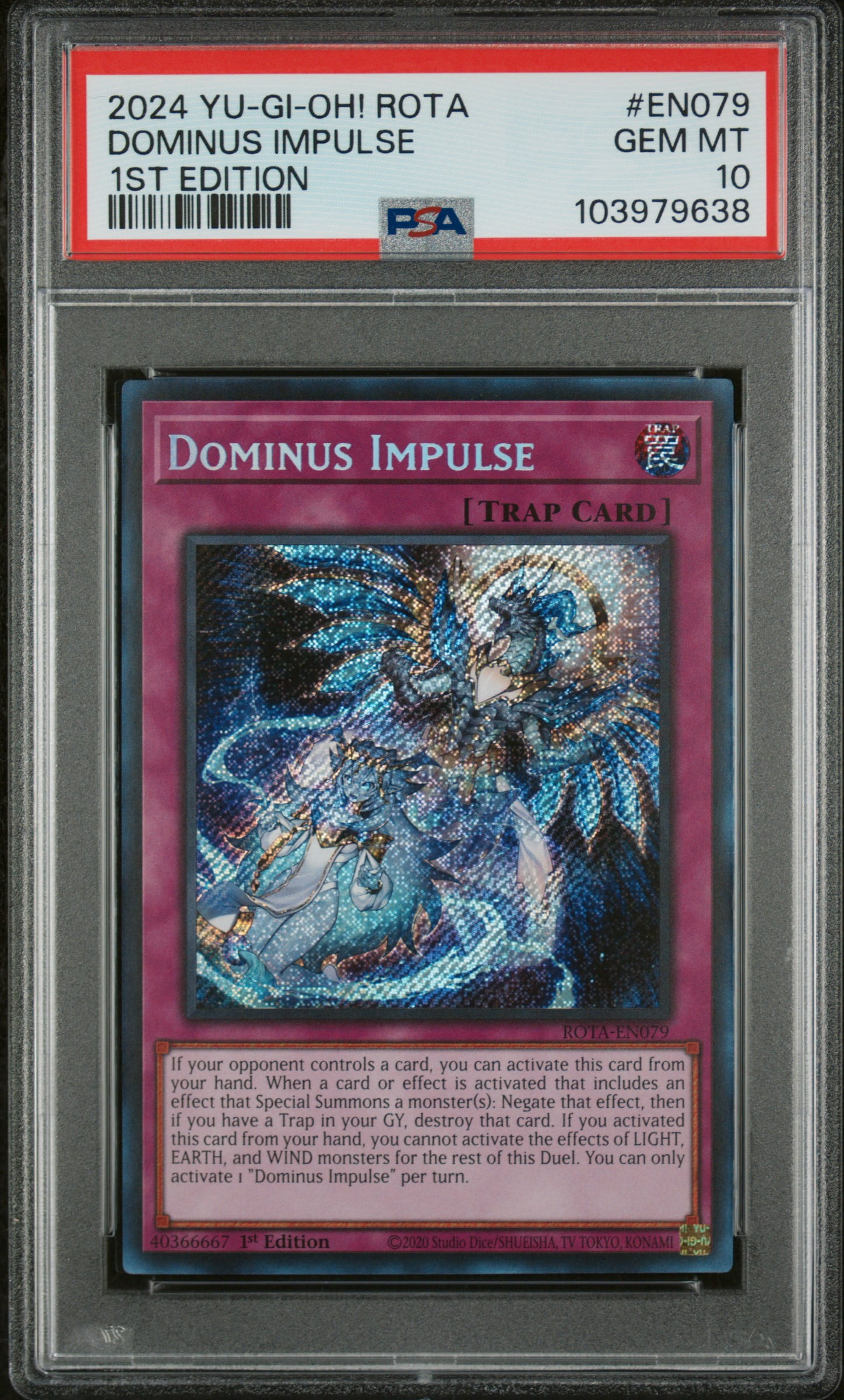 Yu Gi Oh! TCG, PSA Graded 10 GEM MINT, Dominus Impulse 1St Edition #EN079, Rota Rage Of The Abyss, Fully Encapsulated Bundle with Compatible Yu Gi Oh! Hard Sealed Case