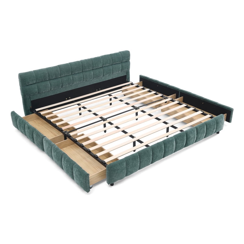 King Size Upholstered Platform Bed with 4 Storage Drawers, Low-Profile Chenille Grounded Bed with Headboard and Solid Frame, No Box Spring Needed