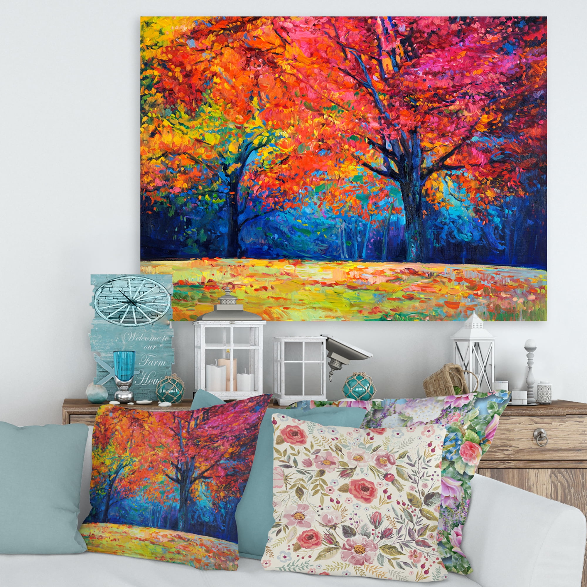 Designart ' Abstract Vibrant Red Tree In Autumn Landscape ' Traditional Canvas Wall Art Print