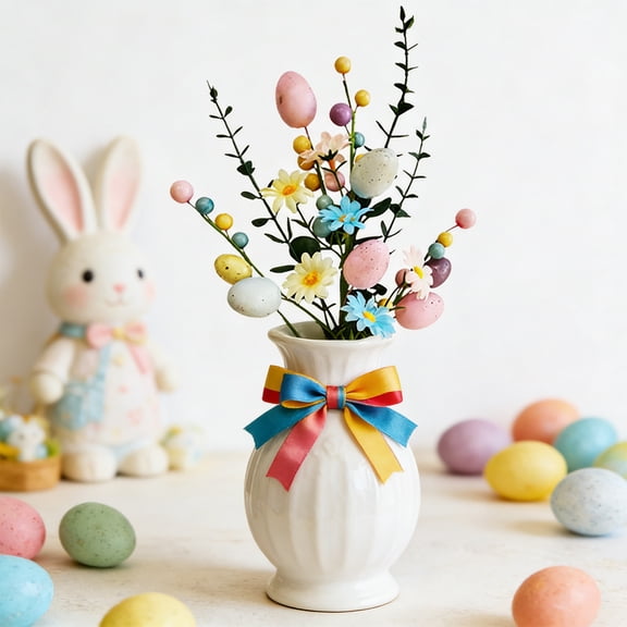17 Inch Easter Floral Arrangement with Daisies & Foam Eggs, Artificial Spring Flowers in Vase, No Maintenance Table Centerpiece for Living Room, Party Decor