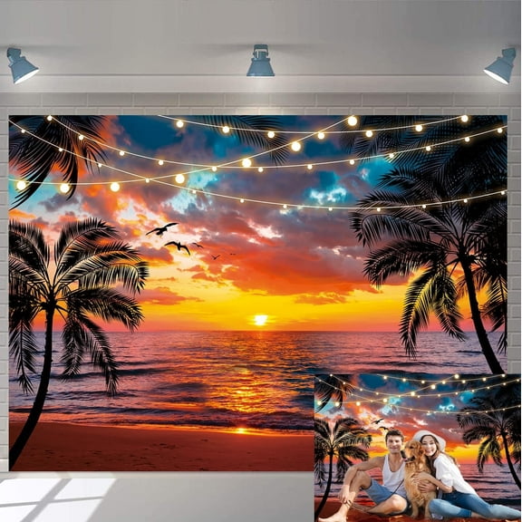 7x5FT Hawaii Sunset Beach Backdrop Summer Seaside Palm Tree Photography Background Tropical Scenery Aloha Luau Wedding Holiday Birthday Party Decorations Banner Supplies