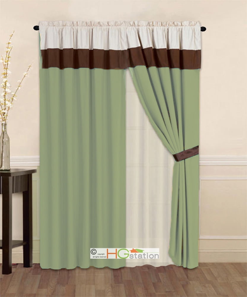 4-Pc Striped Solid Modern Curtain Set Sage Green Brown Beige Valance Liner Drape
