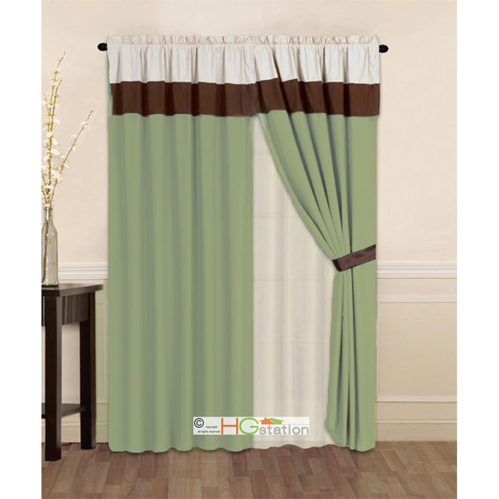 4Pc Striped Solid Modern Curtain Set Sage Green Brown Beige Valance Liner Drape Tieback