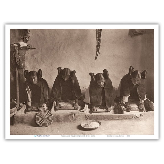 The Mealing Trough - Young Hopi Indian Women Grinding Grain - Vintage B&W Photograph by Edward S. Curtis c.1906 - Master Art Print (Unframed) 9in x 12in