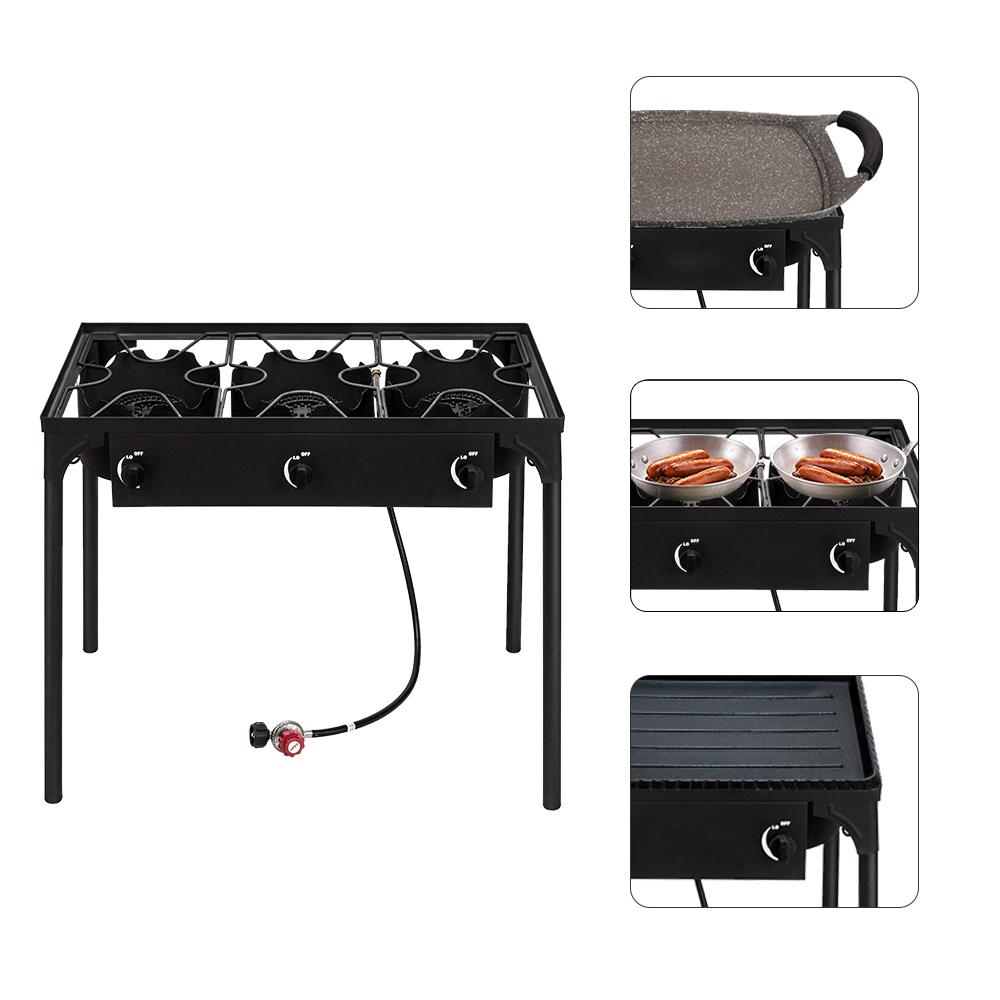Demi Bonn 34" Outdoor Triple Burner Gas Stove with Portable Iron Construction, High Pressure Propane, Cooking Burner for Camping, Black