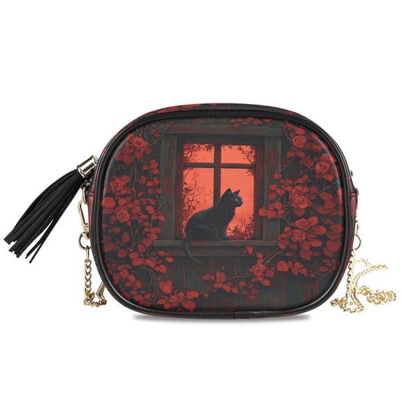 Womens Casual Chain Shoulder Bag Simple style Lonely Black Cat Crossbody Bag
