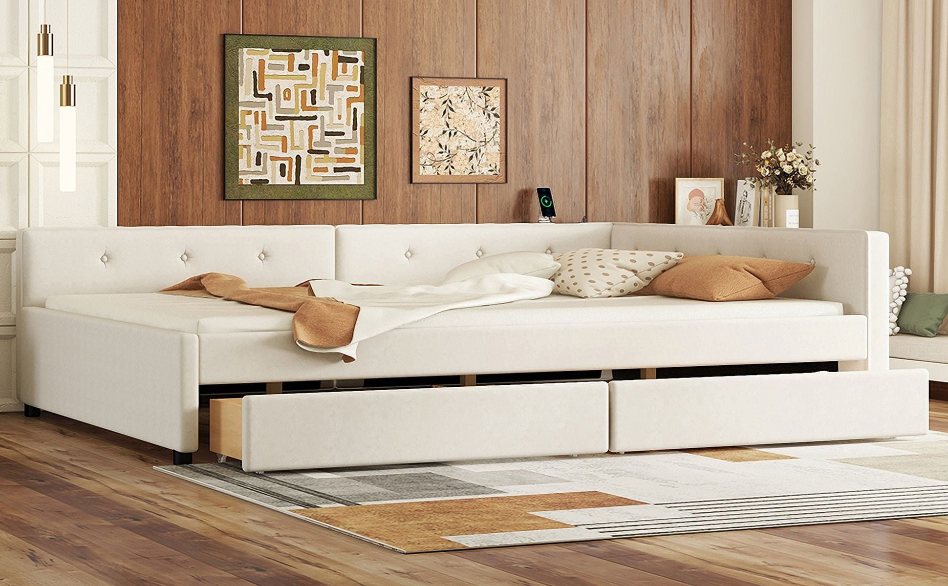 Queen Size Upholstered Platform Bed, Wood Bed Frame with Twin Size 2 Drawers and USB for Bedroom, Apartment, No Box Spring Needed, Beige