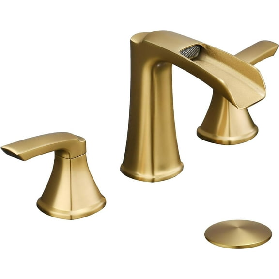 Brushed Gold Bathroom Faucet 3 Hole, Waterfall 8 Inch Widespread Bathroom Sink Faucet with Pop-up Drain, Two-Handle Faucet for Bathroom Sink