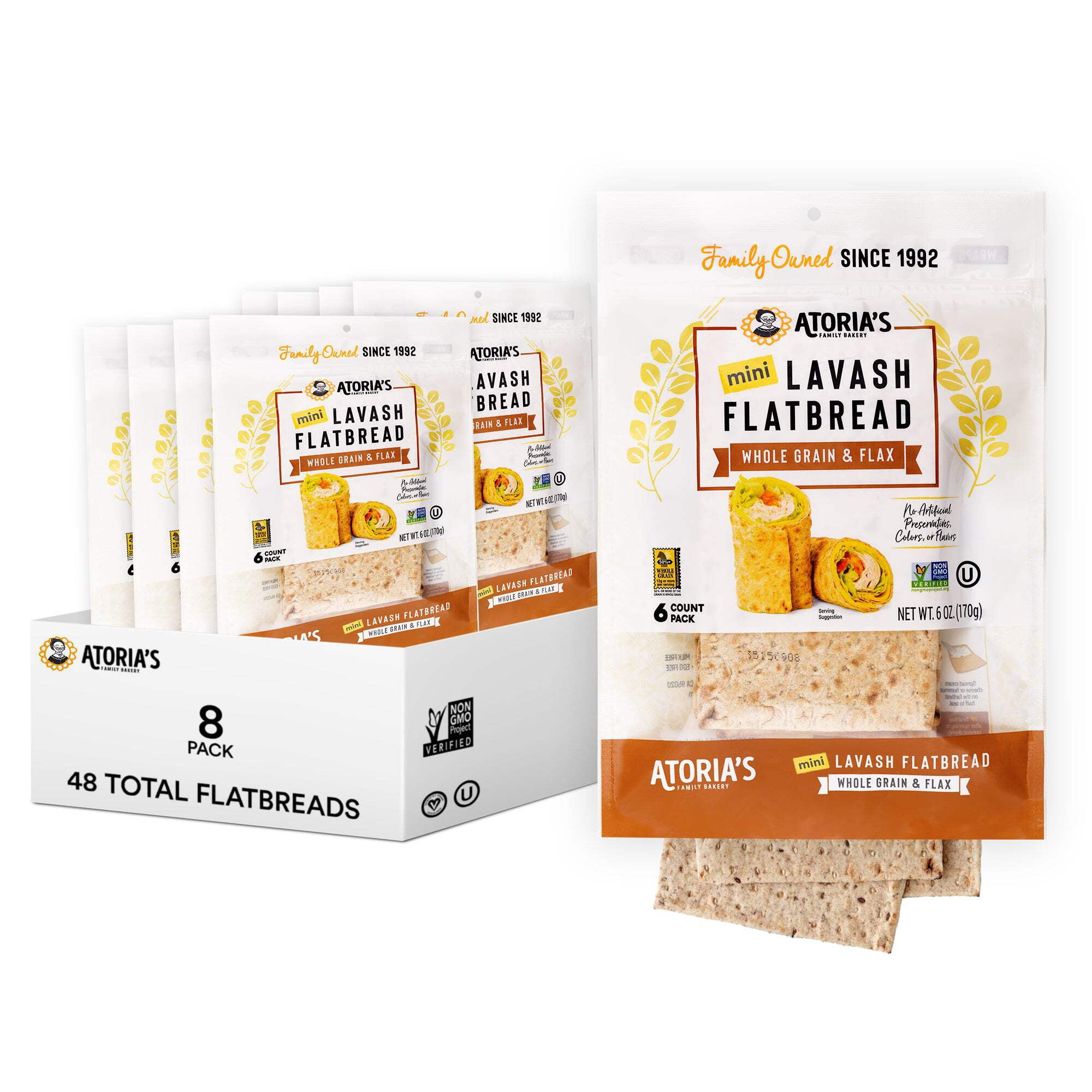 Atoria's Family Bakery Mini Lavash with Whole Grain & Flax Flatbread 8-Packs of 6 Flatbread (48 Flatbread)