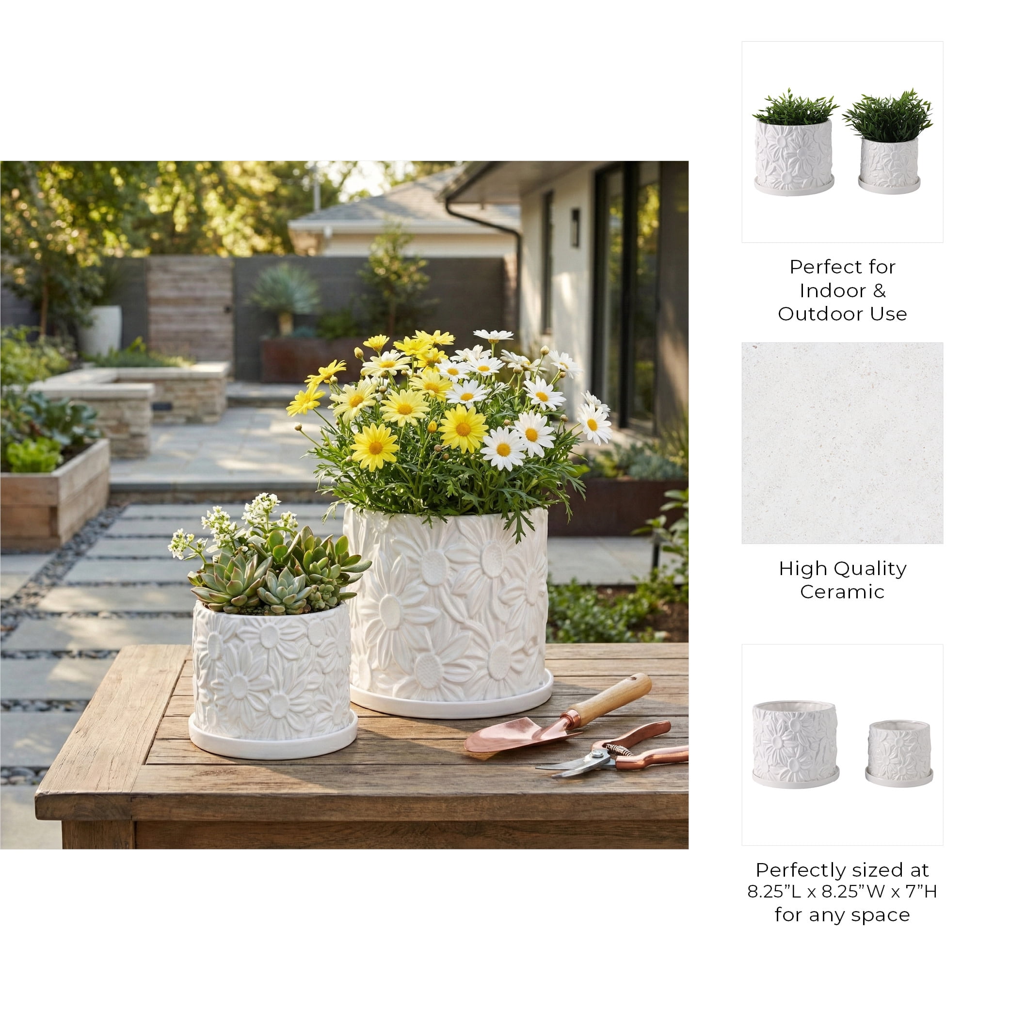 Ceramic Daisy Flower Pot Planter with Saucer for Home Decor - Decorative Plant Pots for Indoor and Outdoor Spaces - Garden Accent for Living Room, Patio, or Backyard - Set of 2, 7", 5", White