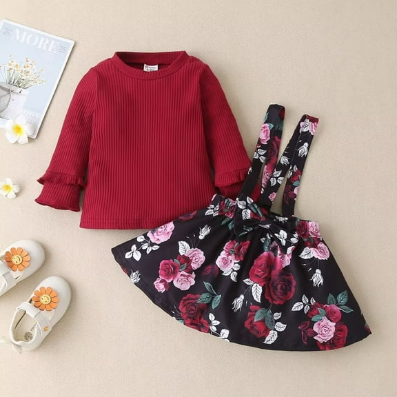 YEEDISON New Toddler Girl Clothes Girl Clothing Set Solid Ruffles Sleeve Tops+flower Print Suspender Skirt Cute Party Princess Dress 0-3Y