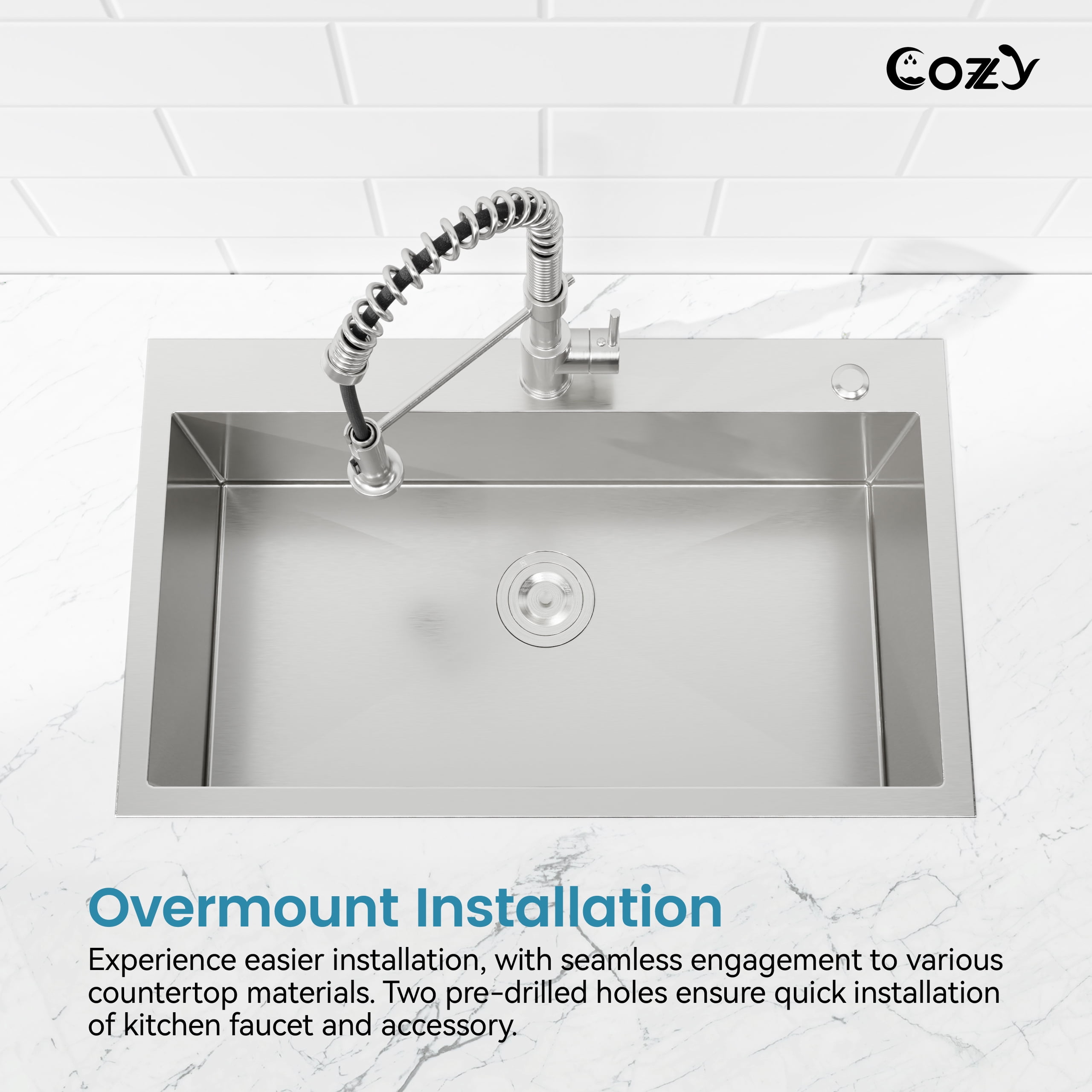 32″x19″ Stainless Steel Kitchen Sink, Single Bowl, Overmount Handmade Sink in Brushed Nickel, with US Standard Drain and Hook, SS-BR02D-321908