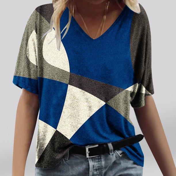 Fiudx Liquidación de Ahorros de Verano Camisetas Holgadas de Manga Corta con Cuello En V Informales con Estampado de Moda para Mujer