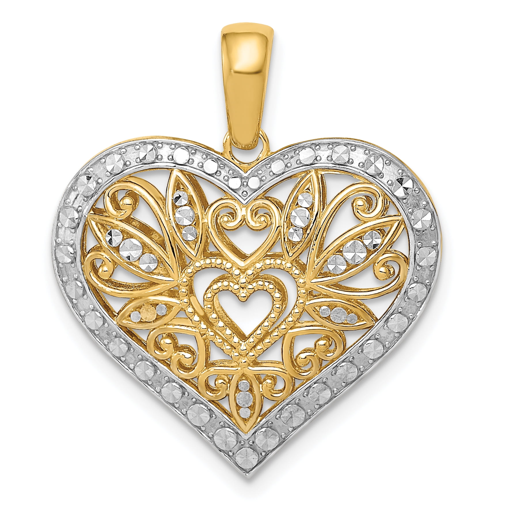 14k Gold Filigree Heart pendant with a solid high polish center Heart