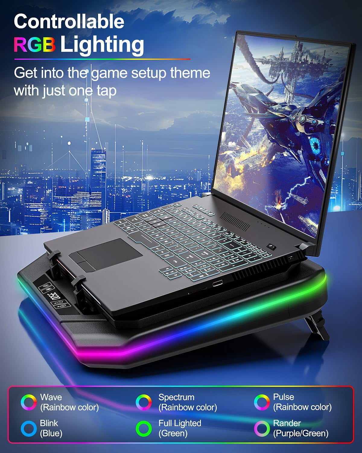 Gaming Laptop Cooling Pad, RGB Cooler Stand with Powerful Turbofan (3500 RPM), Height Adjustable Fan Pad for 13-19 Inches Notebook, Sealed Foam, Touch Control