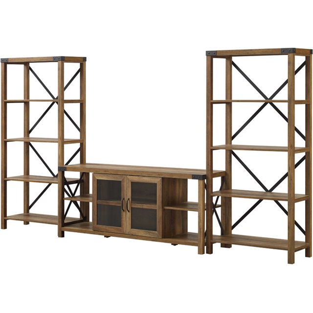 Metal X-Accent Wall with 60" Glass Door TV Console in Rustic Oak