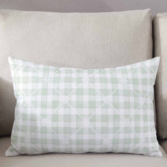 Decorative Pillow Cover 16x24 Inch Farmhouse Sage Green Plaid Lumbar Pillow Cover Cottagecore Classic White Soft Cushion Covers for Sofa Couch Bed, Living Room Home Decor