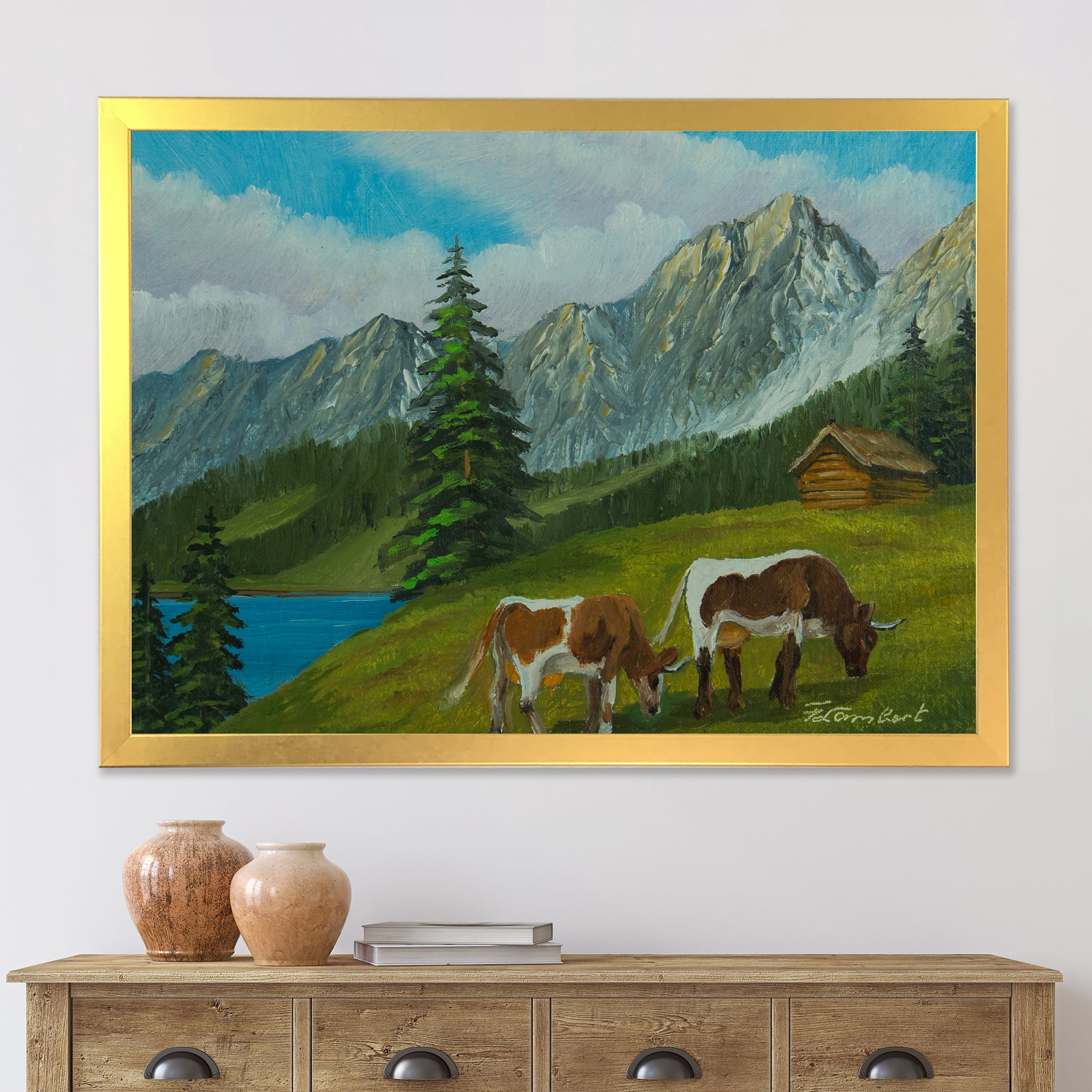 Designart 'Cows On A Green Meadow With Mountain Landscape With ' Farmhouse Framed Art Print