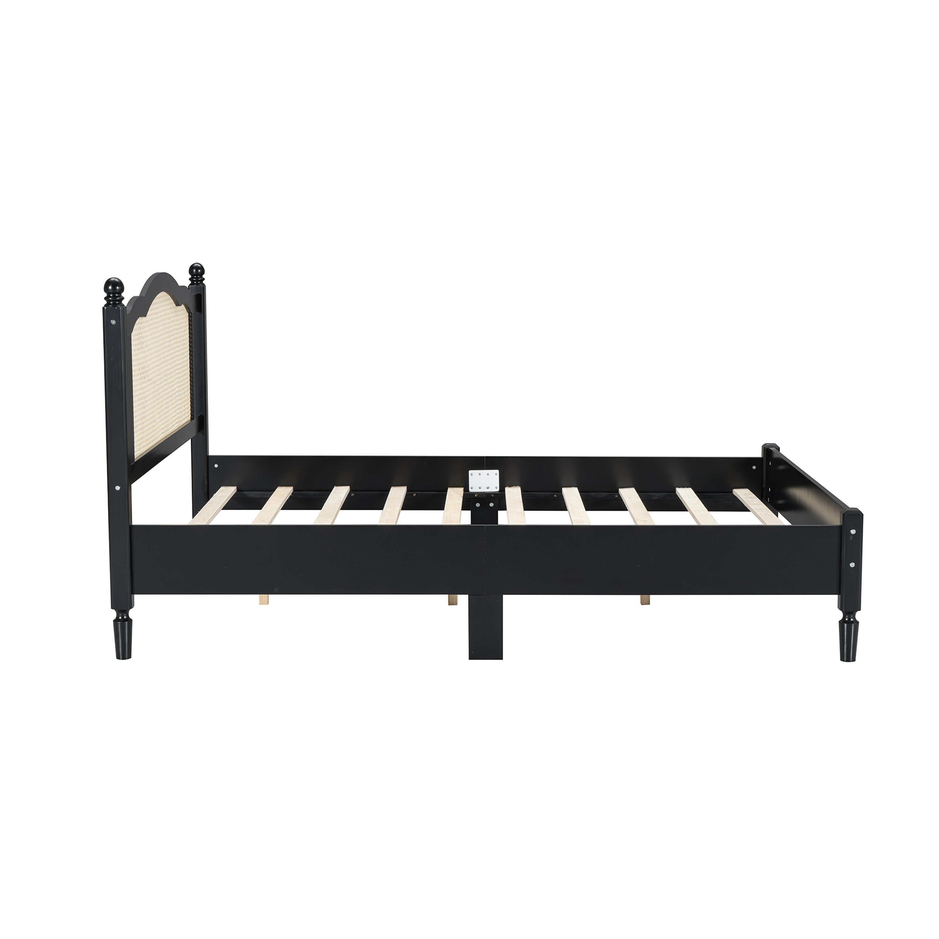 Queen Size Adjustable Bed Base, Queen Size Wooden Platform Bed with Natural Rattan Headboard, Vintage Bed Frame with Wooden Slat Support, Black, Black Bed Frames,Wood Platform Bed Frames