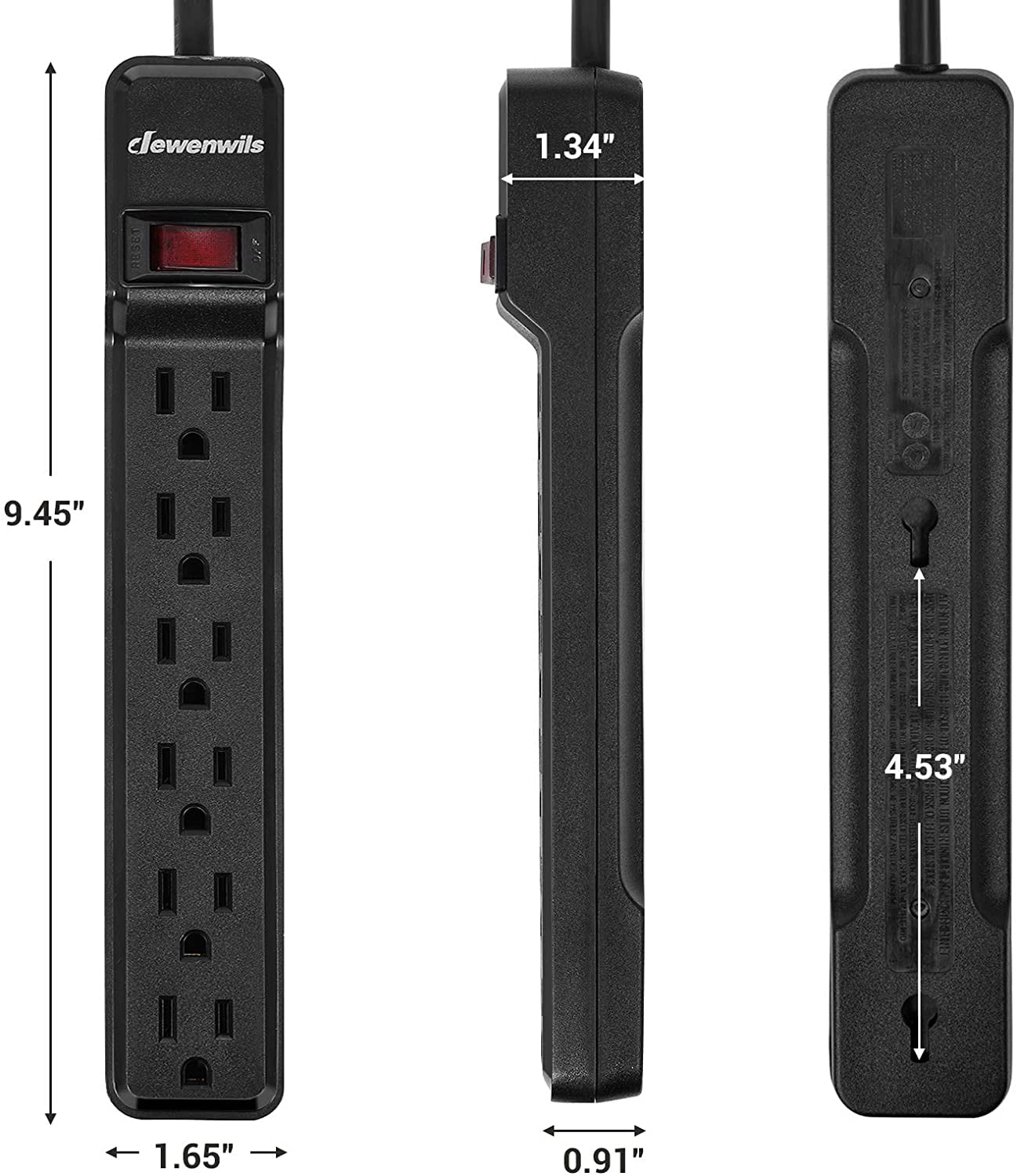 DEWENWILS 2-Pack 6-Outlet Surge Protector Power Strip, 10ft Indoor Extension Cord, Flat Plug, 500 J, Black