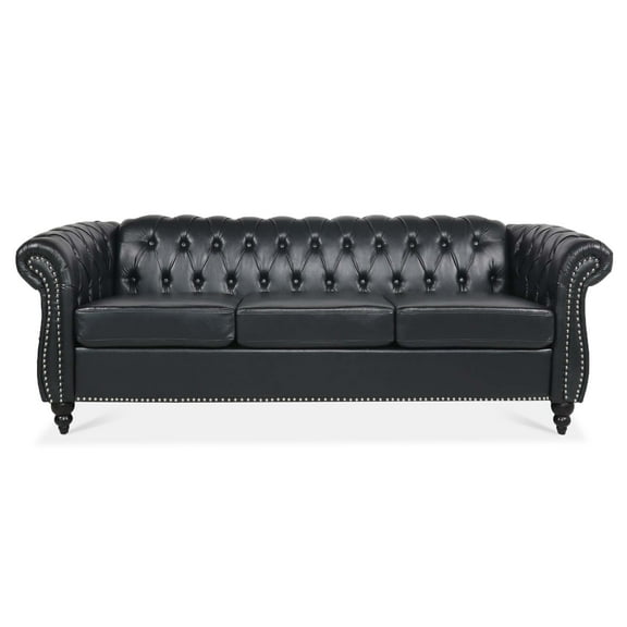3 Seater Chesterfield Faux Leather Sofa, Button Tufted Couch With Nailhead Trim Rolled Arms for Living Room Office