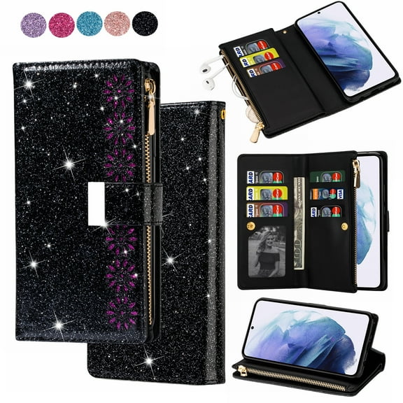 Ancove for iPhone 13 Pro Wallet Case with Card Holder & Wrist Strap & Kickstand,Sparkle Glitter Shockpoorf PU Leather Zipper Purse Flip Case Cover for Women Girls, Skyblue