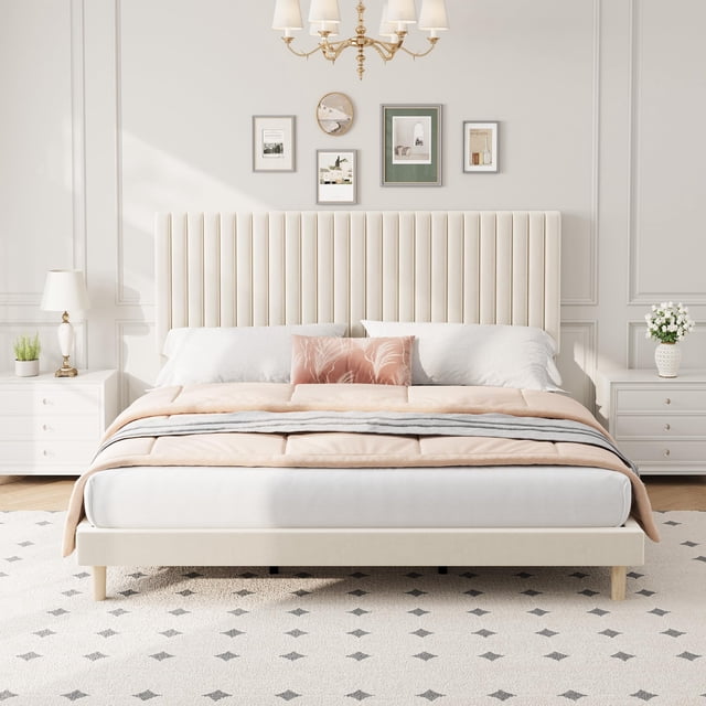 GloryStar Vertical Channel Tufted Velvet Bed Frame, Adjustable Headboard Platform Bed with Wooden Slats, No Box Spring Required
