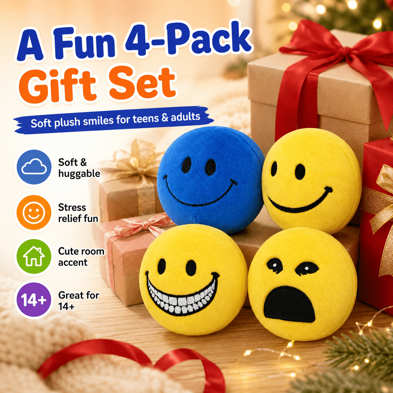 Verity Plush Stress Ball Set, 4-Pack Creepy Emoticon Squeezies | 10cm Soft Sponge-Filled Pocket Fidget, Horror Story Desk Shelf Decor, Compact Teen Adult Collector Gift