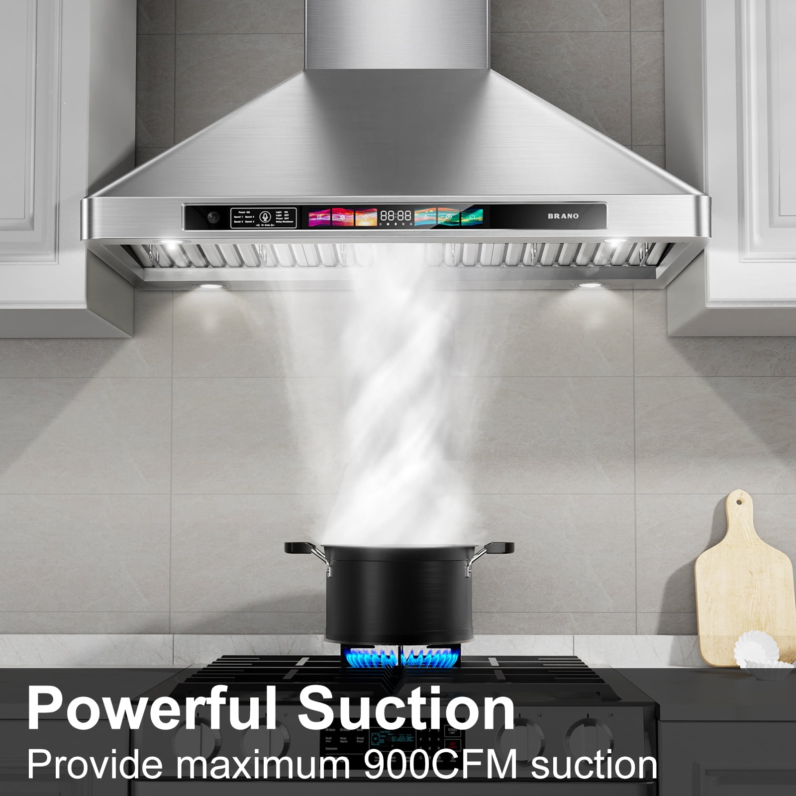 Brano 30 Inch Stainless Steel Wall Mount Range Hood, Ducted Exhaust Vent, Voice & Touchpad Control, 900 CFM