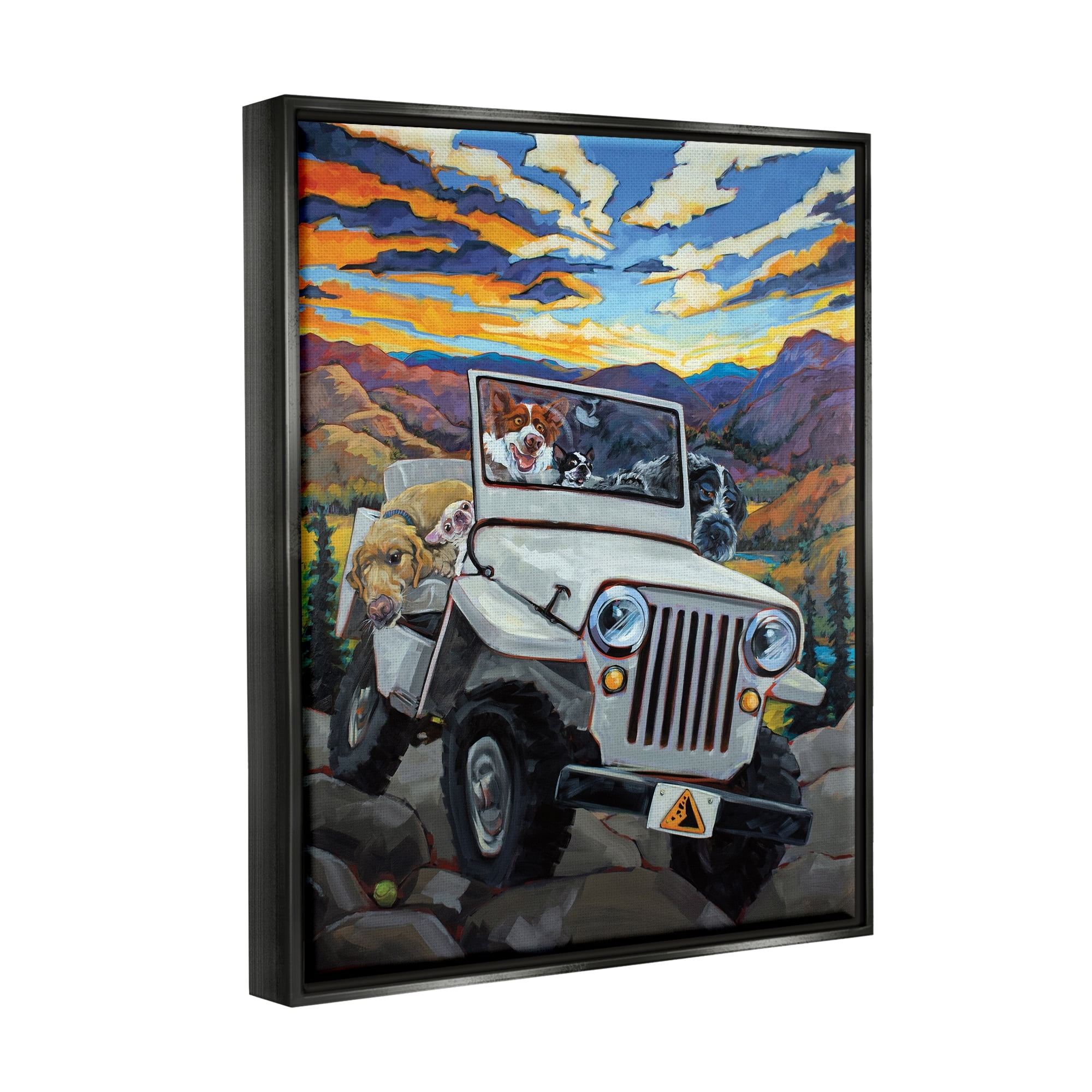 Stupell Industries Dogs Off-Roading Desert Drive Mountain Sunset Jet Black Framed Floating Canvas Wall Art, 24x30, by CR Townsend