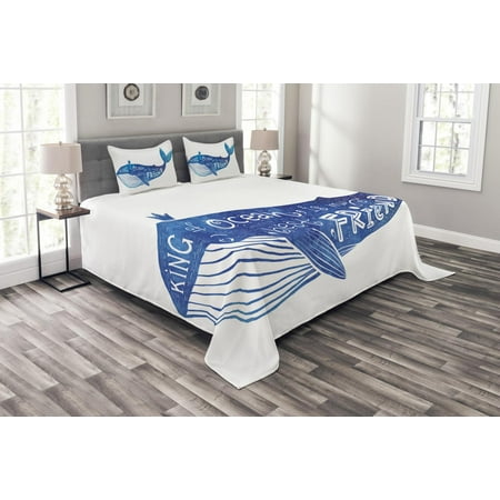 Whale Bedspread Set, Kind of Ocean is My Best Friend Quote with Whale Fish Paintbrush Artsy Picture, Decorative Quilted Coverlet Set with Pillow Shams Included, Violet Blue White, by