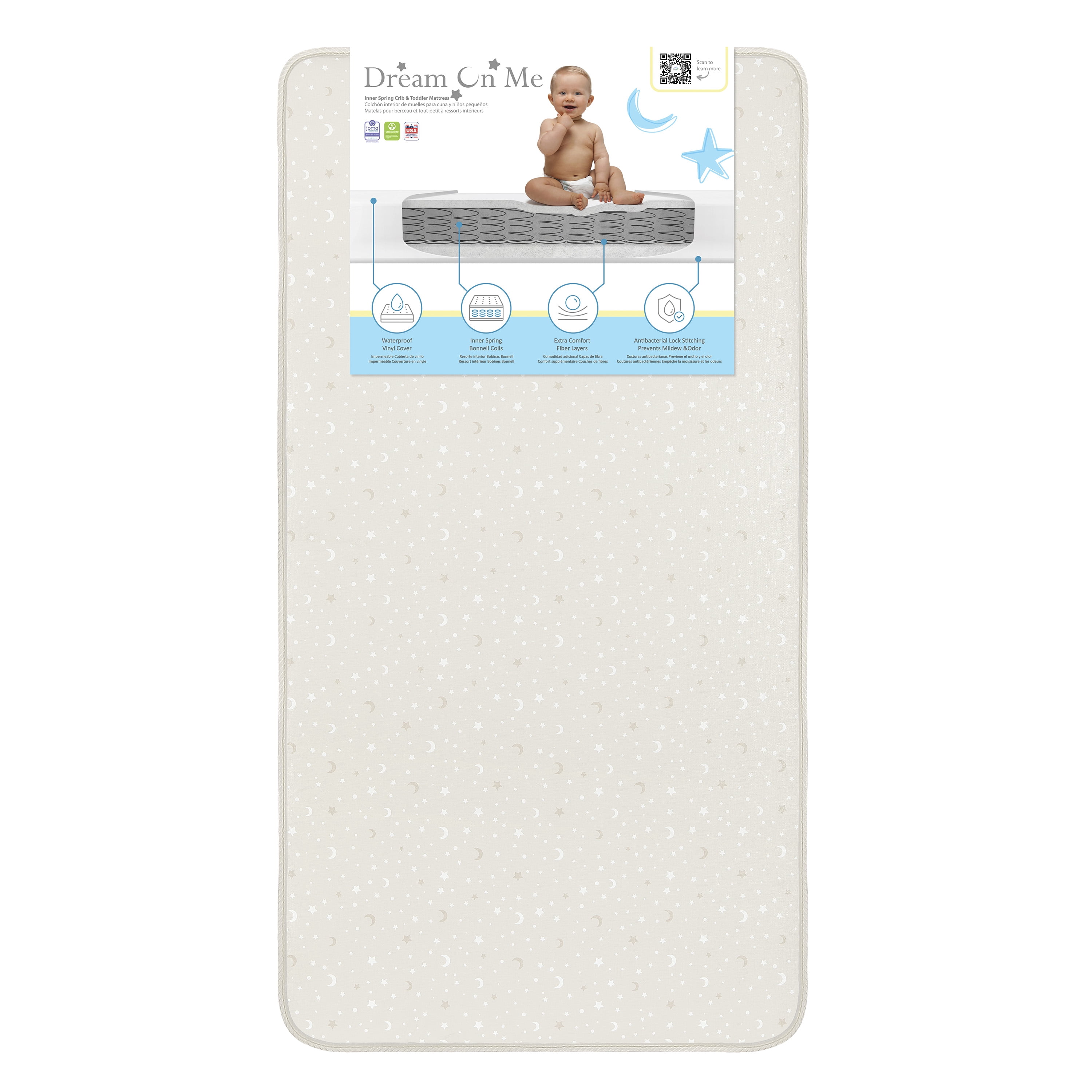 Dream On Me Nirvana 6” 96-Coil Inner Spring Crib & Toddler Mattress | Waterproof Vinyl Cover | Greenguard Gold Certified | 10-Year Manufacturer Warranty | Cream And White Stars